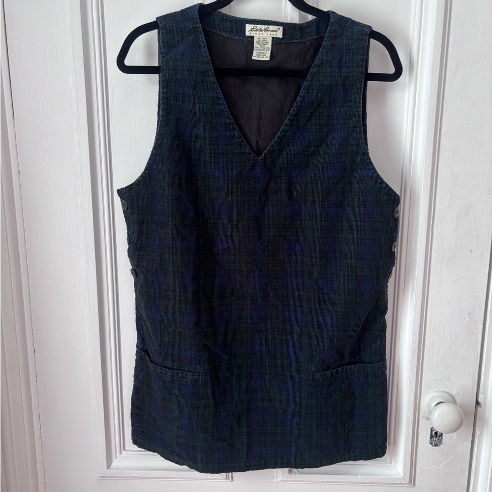 Vintage Eddie Bauer Black Watch Plaid Corduroy Jumper Dress Side Buttons Pockets